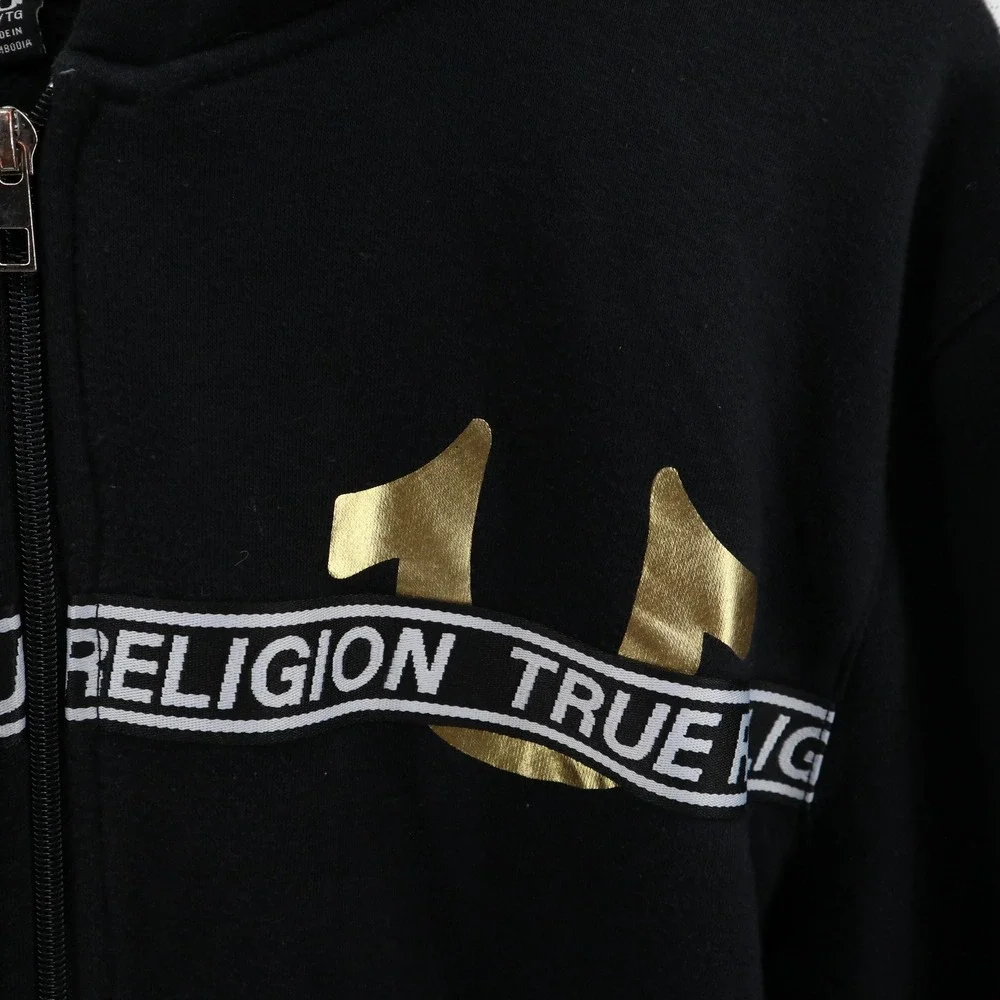 True Religion Hoodie Mens XL Black Gold Foil Logo Zip Up Y2K Streetwear Good